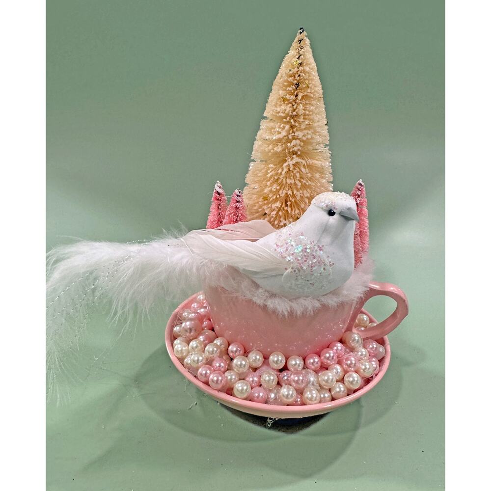 Priced Reduced Pink Melmac Cup Christmas Assemblage w/ Bird & Bottle Brush Trees